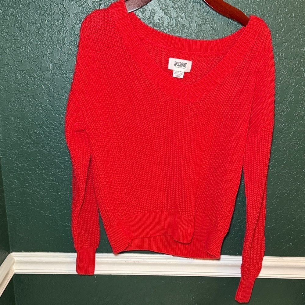 PINK Victoria's Secret Chunky Knit V-Neck Sweater XS Red